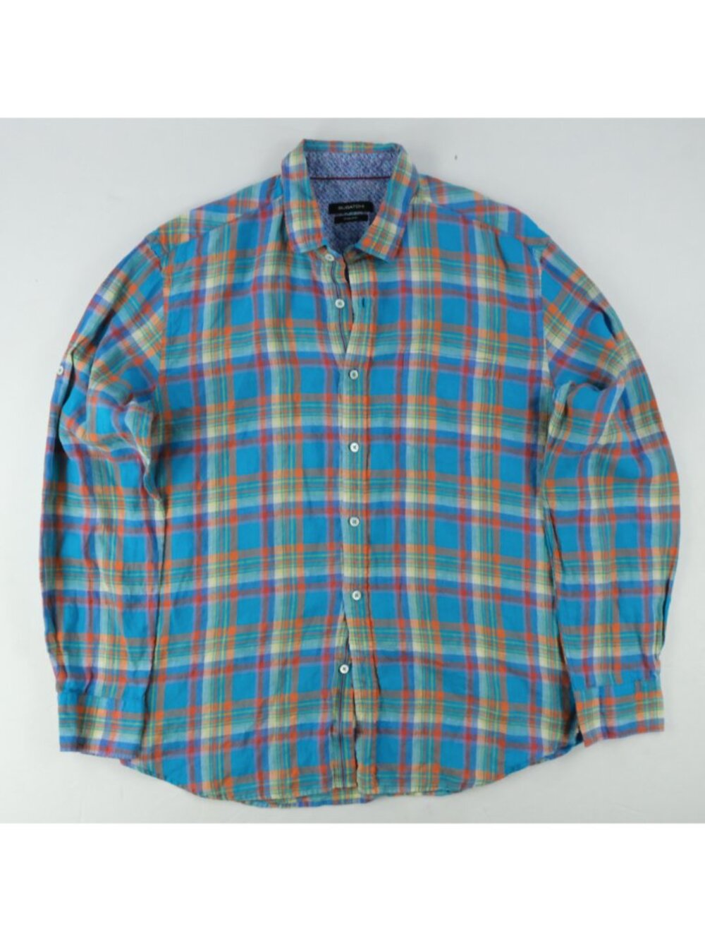 Bugatchi Uomo Linen Shirt Men Large Blue Plaid Shaped Fit Button Down Flip Cuff
